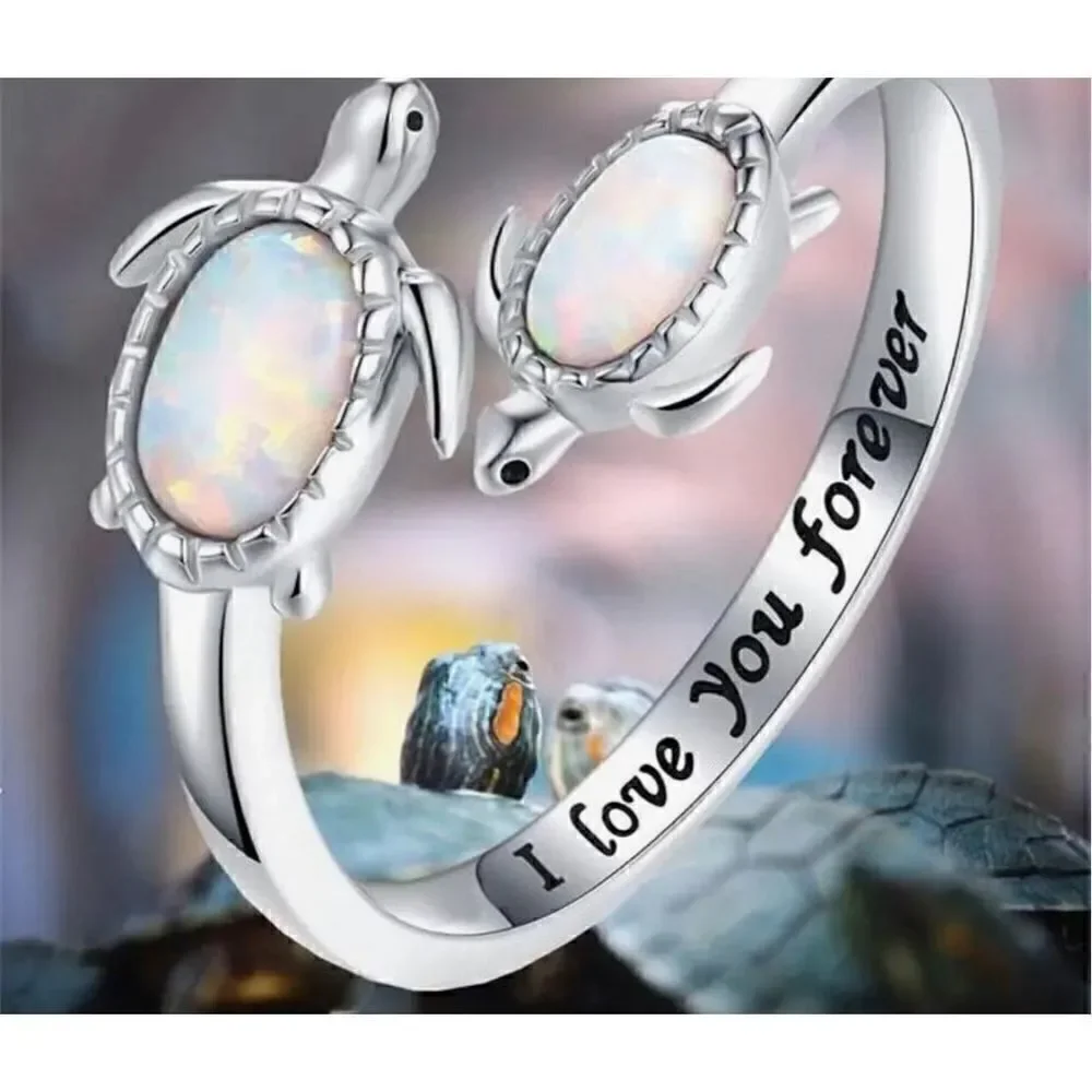 Mother And Child Turtle Ring, Adjustable Sea Turtle Ring Engraved I love you for